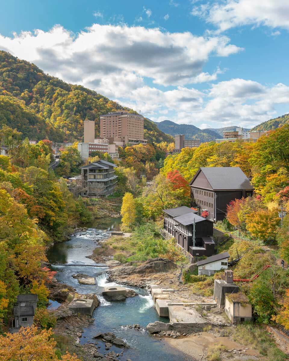 View of the town Jozankei in Hokkaido fall Japan