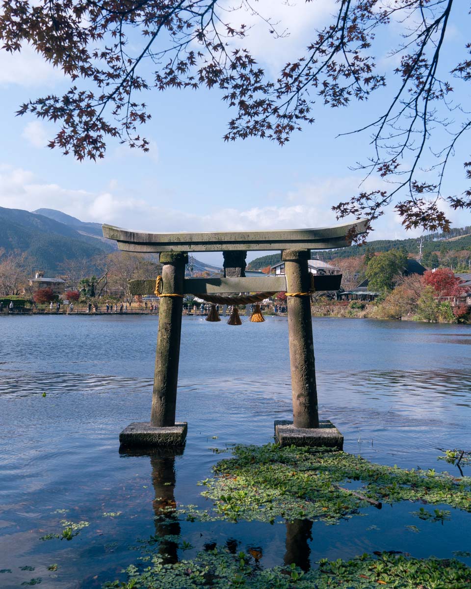 The floating torii of Tenso Shrine in Kinrin lake, Yufuin Japan
