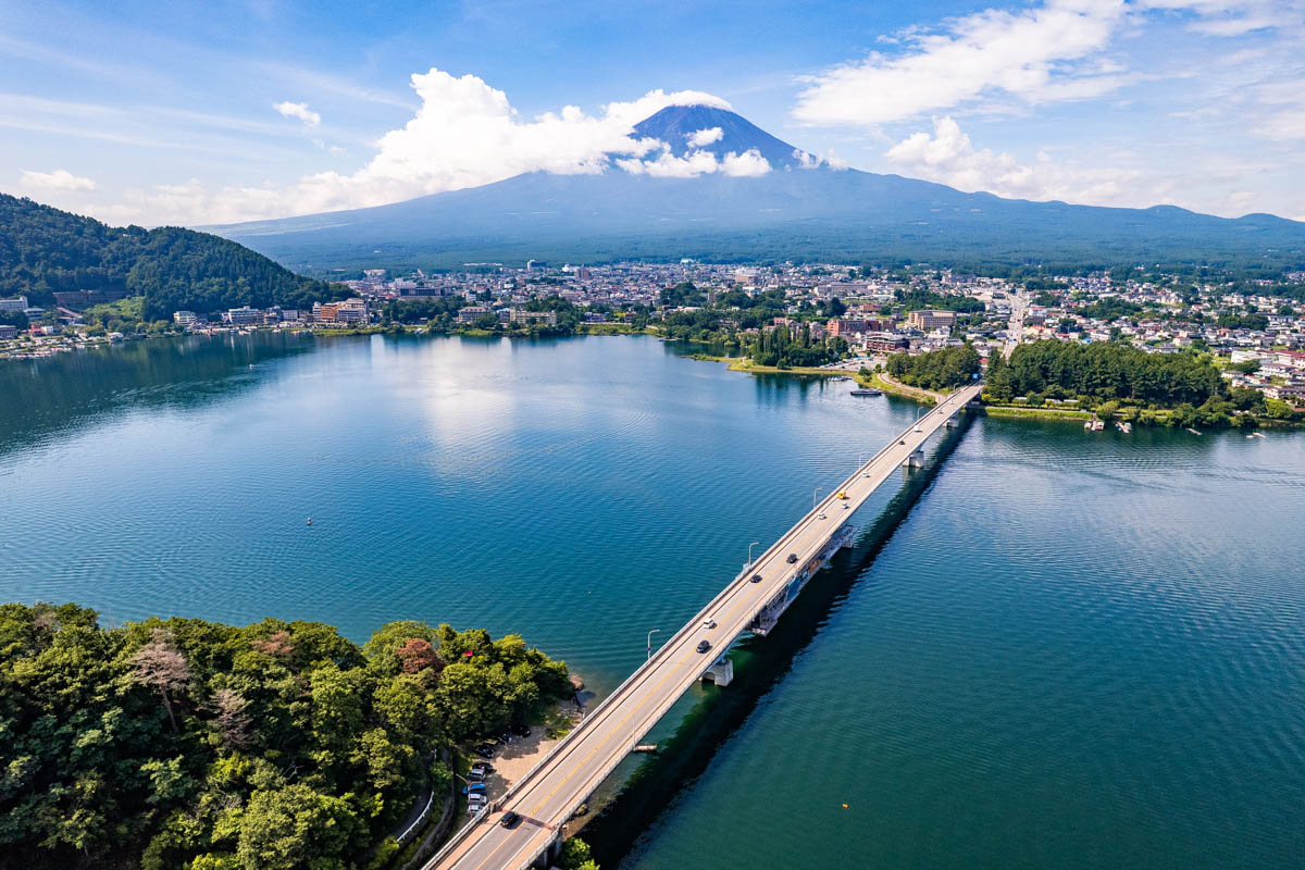 View of the lake Kawaguchi in Fujikawaguchiko and Mt Fuji Japan