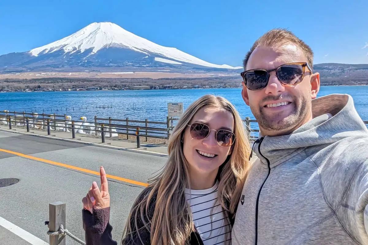 Bailey and Daniel take a selfie by Mt Fuji in Japan