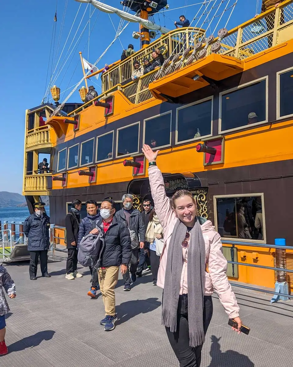 Bailey-with-the-boat-of-the-scenic-cruise-on-Lake-Ashi-Hakone-on a tour from Tokyo Japan 4