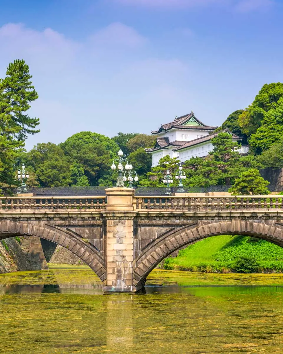Looking at the Tokyo Imperial Palace on a sunny day in Tokyo Japan