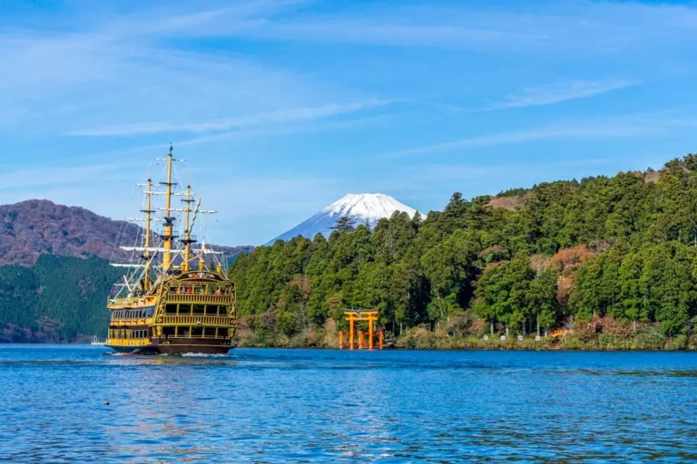 Mountain Fuji and Lake Ashi with Hakone temple seen on a sunny day in Japan