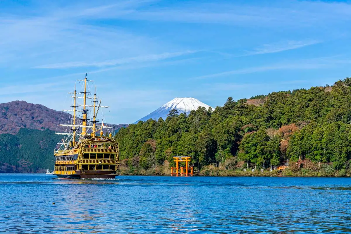 Mountain Fuji and Lake Ashi with Hakone temple seen on a sunny day in Japan